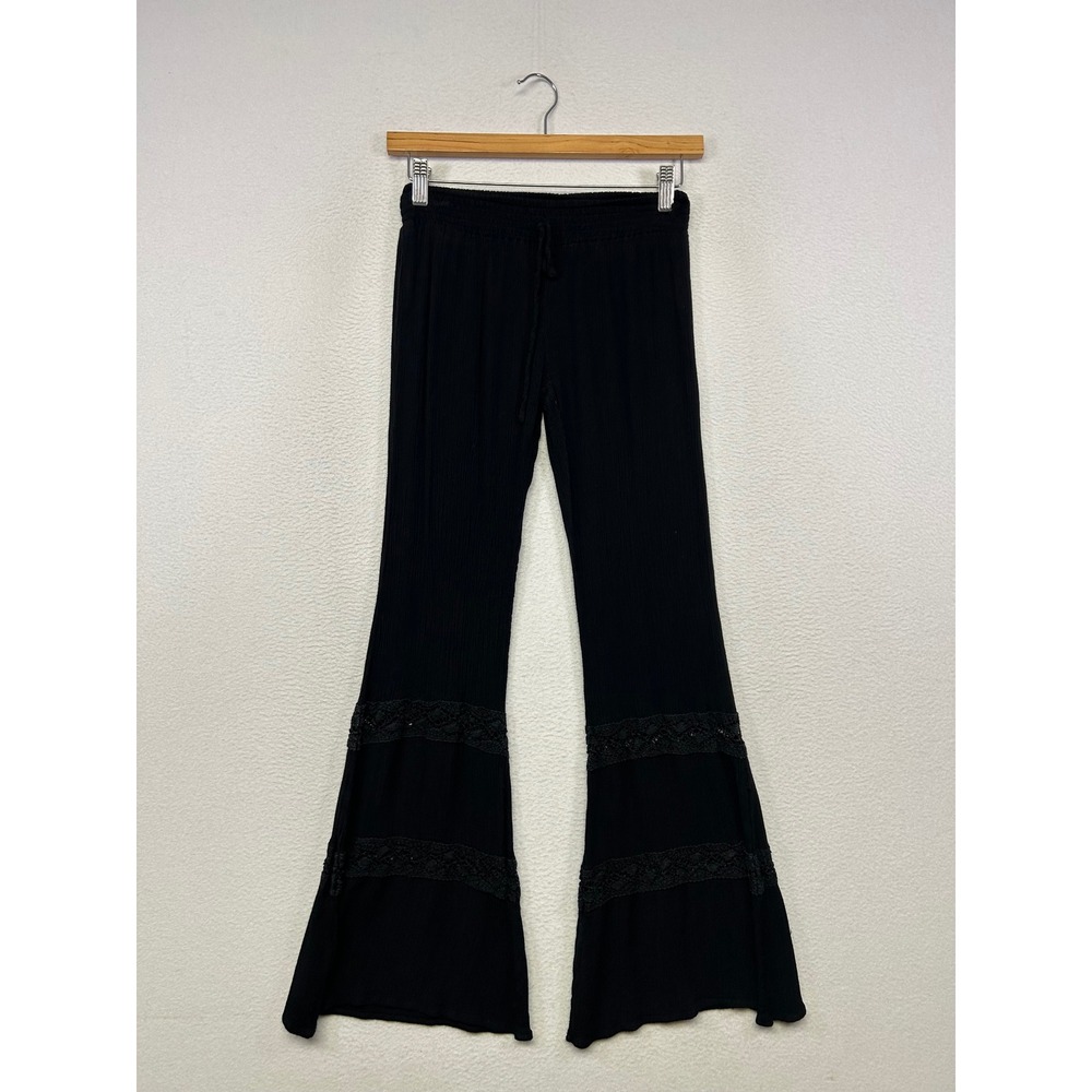 Boho Festival Band of Gypsies Womens XS Black Lace Trim Crinkle Flare Pants